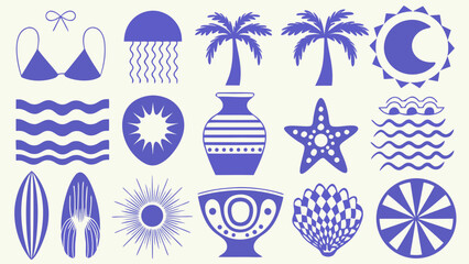 Collection Of Beach Silhouettes And Tropical Elements In A Flat Blue Vector Illustration bikini swimsuit two piece jellyfish medusa © Kapil