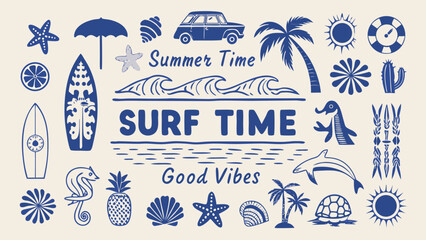 Collection of summer themed vector illustrations including surfboards seashells and tropical plants on a beige background beach coastal © Kapil