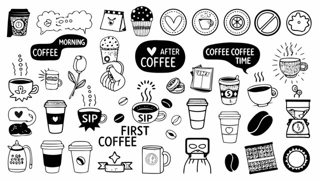 Coffee themed doodles and illustrations in black and white a collection of hand drawn elements arabica caffeine beans