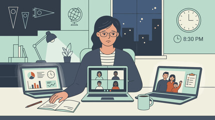 Obraz premium Woman working late at home on multiple laptops, video calls, work-life balance