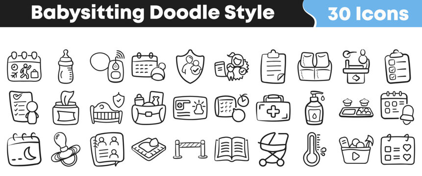 Set of thirty hand drawn doodle style babysitting related icons