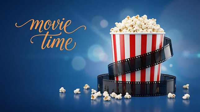 Delicious Popcorn with Film Reel Strip for Movie Night Entertainment on Blue Backdrop