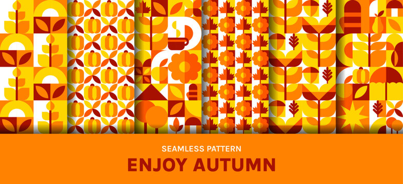 Autumn fall leaves and harvest geometric Bauhaus seamless patterns set. Thanksgiving season Bauhaus background, Autumn seamless print or pattern with yellow flowers and leaves, vegetables and fruits