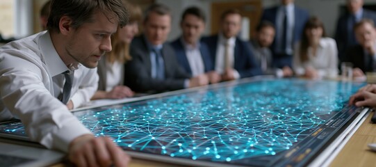 Fototapeta premium Systems team mapping cloud network connections on interactive digital table in office