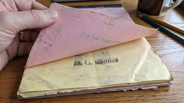 Hand Flipping Paper Pages of Vintage Carbon Requisition Form Booklet On Desk