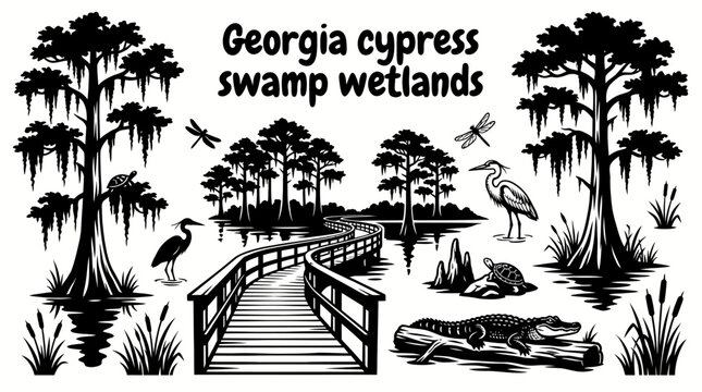 peaceful cypress swamp in georgia with moss covered trees wooden boardwalk calm waterways marsh grasses and rich wildlife habitat creating a beautiful southern wetland ecosystem for commercial vector
