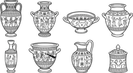 Collection of ancient greek amphorae and vessels a detailed sketch of classical pottery forms © MORSALIN