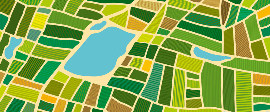 Farm field top view, green agriculture plantation background. Abstract aerial view of agricultural patchwork map pattern, cultivated land texture, farmland, rice paddy landscape with grass and lake