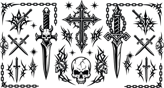 Intricate black and white gothic design featuring skulls swords crosses and ornamental chains