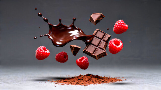 Levitating Melted Dark Chocolate and Fresh Raspberries