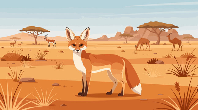 African Fennec Fox Standing in Desert Landscape with Animals