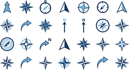 Blue compass rose icon set with north arrow wind rose navigation symbols cartography elements and map pointers collection © Bappi