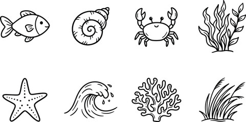Charming sketch of marine life fish shells crabs coral and seaweed in a nautical illustration © MORSALIN