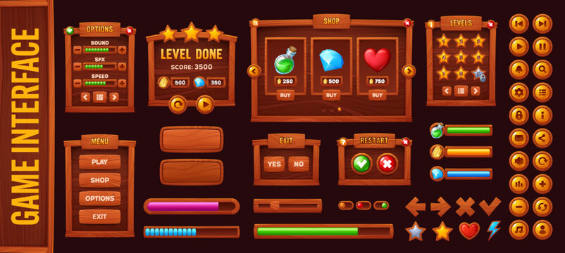 Wooden game ui interface buttons and level window, Wild West indicators and rewards, western saloon loading scale and menu frame. Wood screen menu gui kit for rustic or ranch mobile games or apps