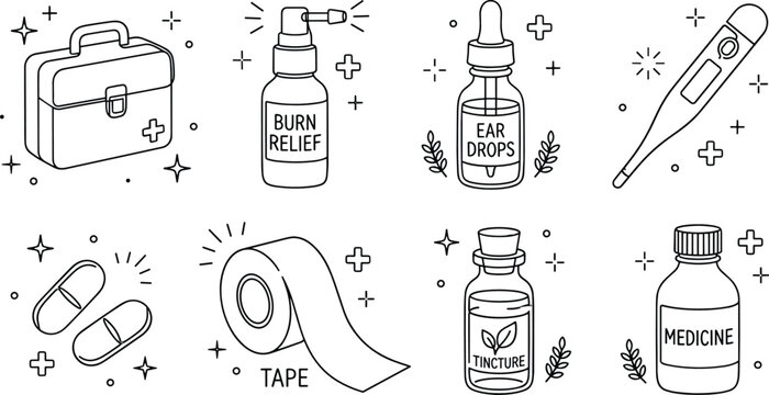 Medical Treatment Line Icon Set Featuring First Aid Case, Burn Relief Spray, Ear Drops, Thermometer, Bandages, Medical Tape, and Medicine Bottles