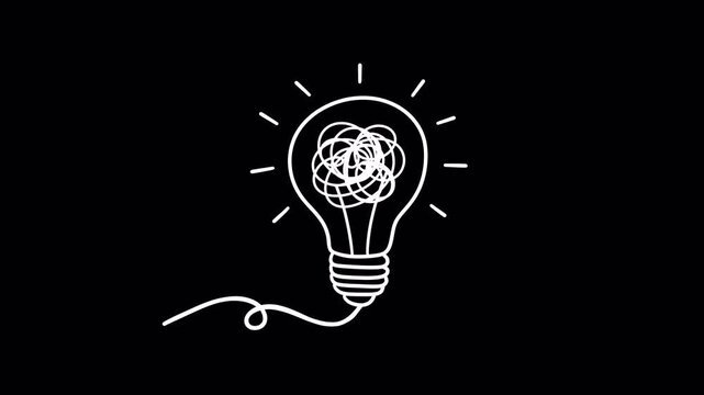 Hand-drawn glowing lightbulb with tangled scribble animation, alpha channel, transparent background. For complicated ideas, brainstorming blocks, anxiety, or complex thinking processes.