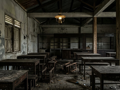 Inside an old abandoned classroom with messy broken wooden desks and a dim hanging lamp light