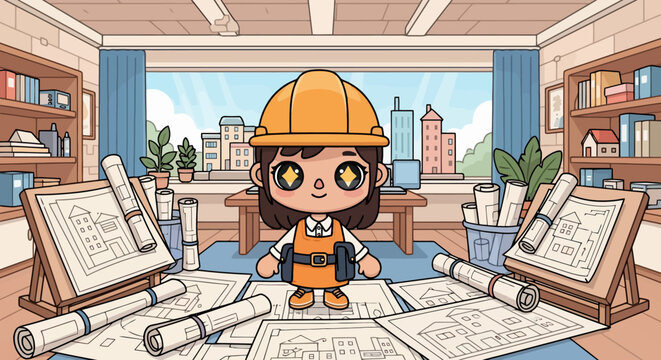 Cute cartoon character of a female construction worker in hard hat and overalls.