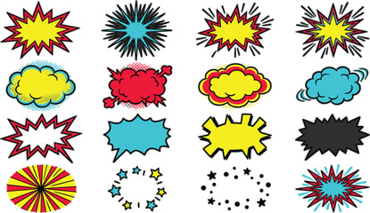  Comic explosion bubbles vector set with cute speech frames pop art starburst and cartoon cloud borders on white background © MdMoklesur