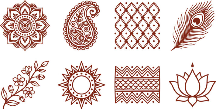 Henna Mehndi Element Vector Set with Indian Mandala Paisley Lotus Peacock Feather and Tribal Border Patterns for Traditional Body Art and Wedding Designs