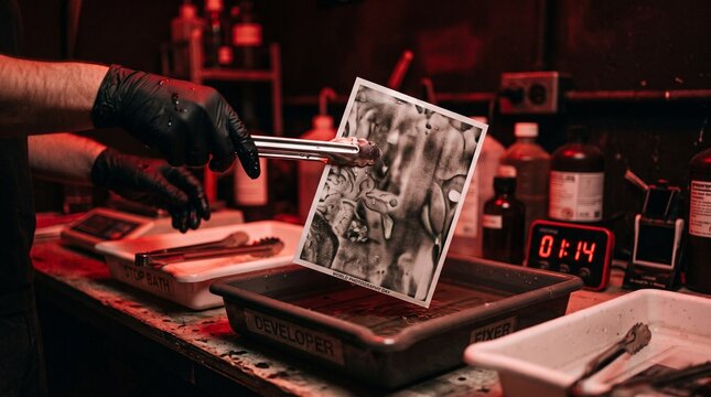 Gloved hands developing a black and white photograph in a darkroom studio