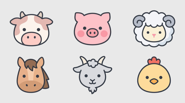 Cute farm animal icons set