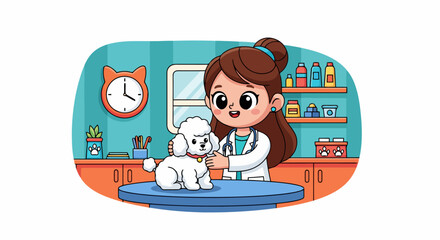 Fototapeta premium Female veterinarian examining a small white poodle dog with care.