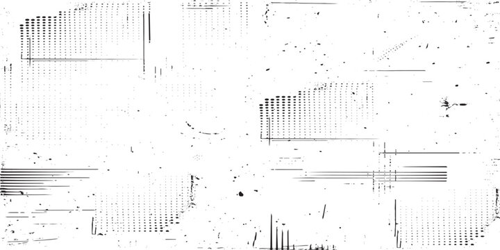 Distressed vintage punch card grunge texture overlay. Abstract black and white printer noise, old paper grain, and retro halftone data pattern for damaged antique background effects.