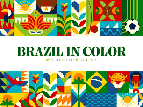 Brazil travel vacation banner with geometric mosaic pattern featuring toucan, carnival mask and flag. Vibrant green, yellow, red, and blue banner for travel agency, tourism campaigns or event posters