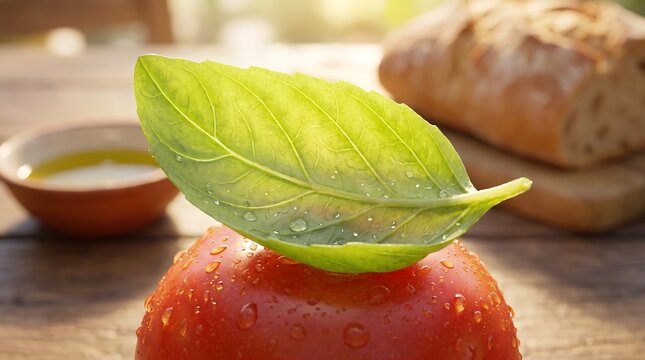 Fresh tomato slice topped with green basil leaf and drops of water vegetable ingredient