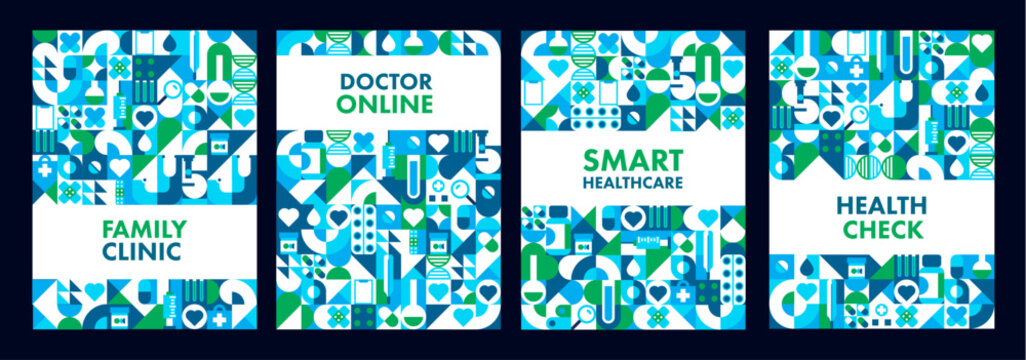 Family clinic, online medicine doctor, health check posters with mosaic geometric patterns. Retro modern banners promoting family clinic health care services, medical consultations, smart healthcare