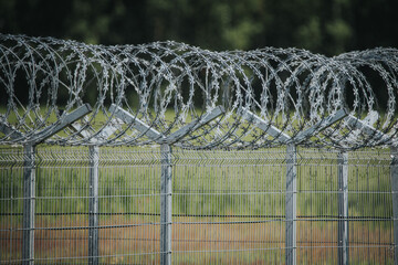 Fototapeta premium Barbed wire fence with sharp metal spikes surrounding a secure area, green grass and trees visible in the background creating a stark contrast