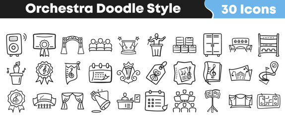 Set of thirty hand drawn orchestra doodle style line icons © Vectoravec