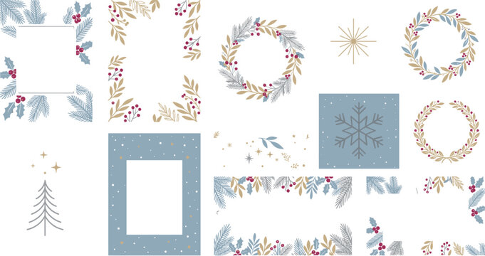  Scandinavian winter botanical frames vector set with minimalist line art holiday wreaths and pine branch borders