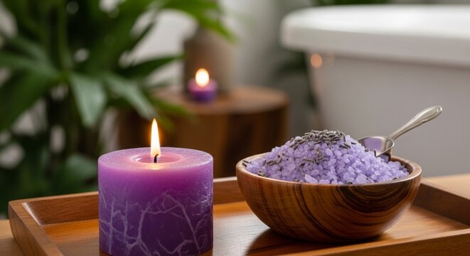 A relaxing spa arrangement featuring a burning purple pillar candle and a wooden bowl of lavender bath salts on a wooden tray with a blurred bathroom background.