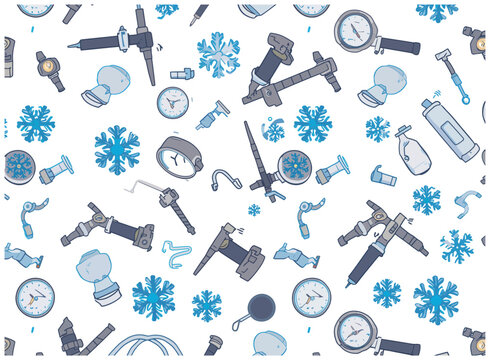 Seamless repeating pattern of car AC repair tools and snowflakes.