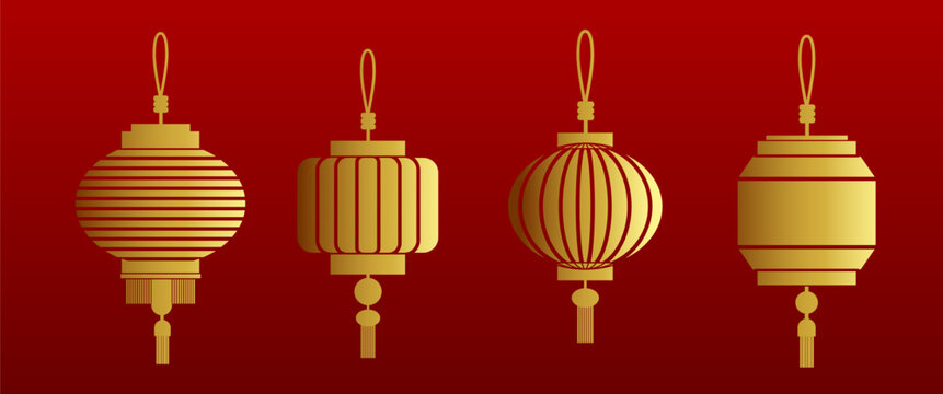 Golden Chinese Lantern Collection with Traditional Hanging Lantern Illustration Set for Lunar New Year Festival Decoration and Branding