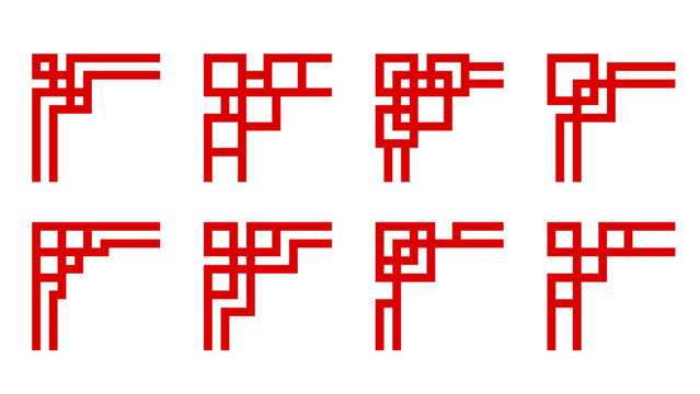 Chinese Corner Border Frame Elements Set with Traditional Asian Geometric Knot Ornament Collection