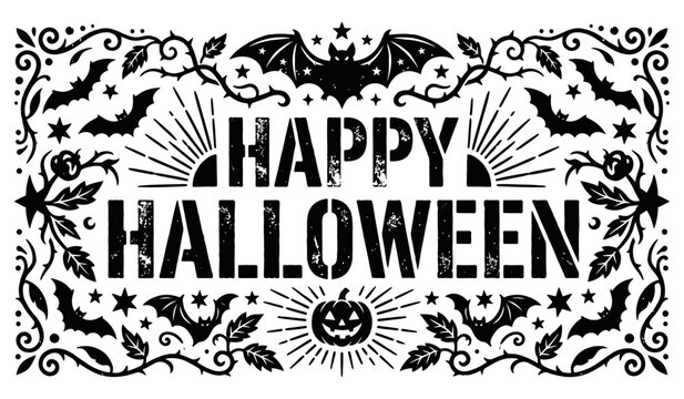 Distressed happy halloween stencil design with thorny vines and spooky bat border.