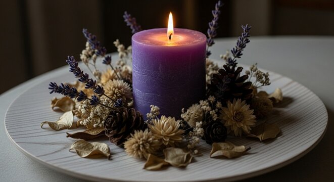 A glowing purple pillar candle centered on a white decorative plate surrounded by dried flowers, lavender sprigs, and small pinecones.