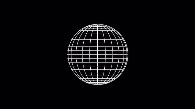 Minimalist wireframe globe spinning on black background, digital 3D grid sphere animation, futuristic global network concept video