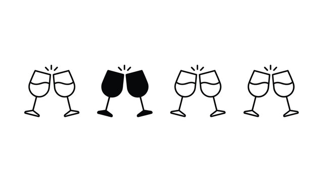 Four wine glasses clinking together in celebration on white background
