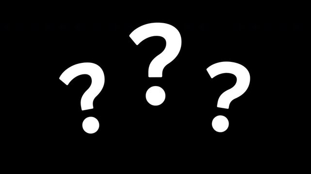 White question marks animation on a black background. Abstract background perfect for concepts of uncertainty, FAQ, searching for answers, and mystery