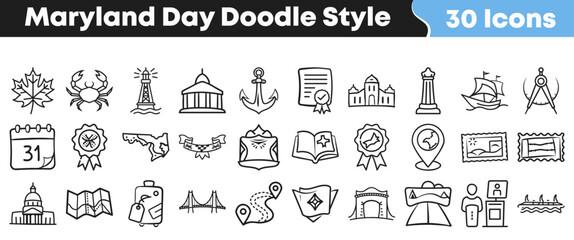 Collection of hand drawn Maryland state themed doodle style icons © Vectoravec