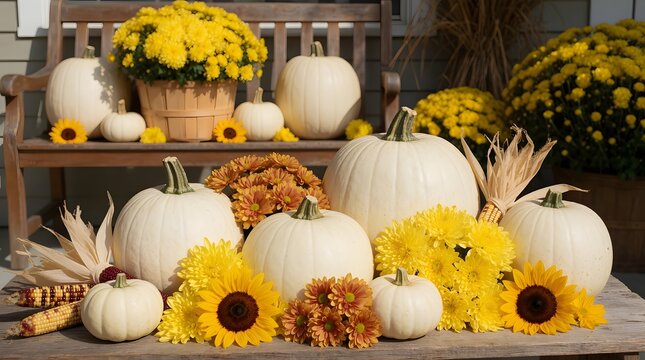 White pumpkins and yellow flowers arranged on a rustic wooden table for fall harvest celebration. Autumn garden decor with seasonal vegetables and sunshine blooms for Thanksgiving.