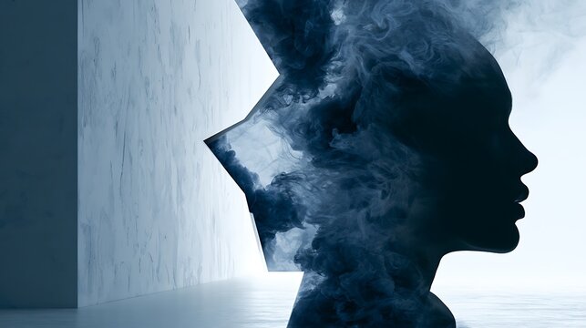 Prompt: A striking double exposure fine-art portrait capturing the concept of hidden thoughts. A sharp black silhouette profile is blended with a symbolic landscape of a massive white plaster 