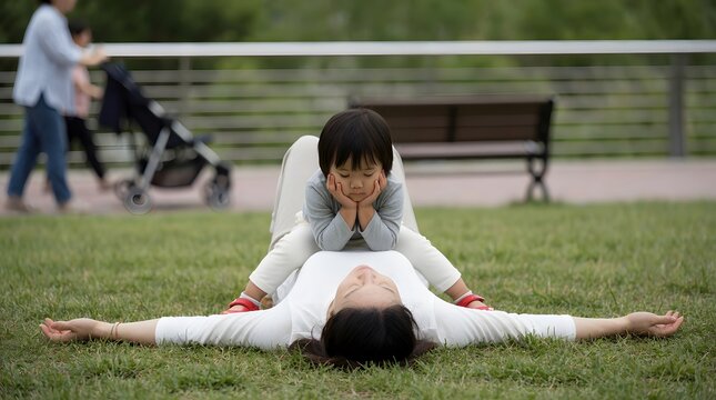 Asian mother lying on green grass in park with small child sitting on her stomach. Parenting and family leisure time outdoors. Care and love between parent and kid in nature.