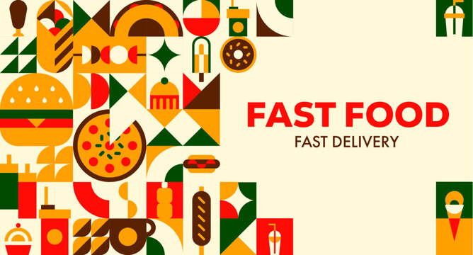 Fast food modern abstract geometric banner with mosaic blocks of burger, pizza, hot dog, coffee, donut, drink, fries, and snacks arranged in abstract shapes for restaurant, delivery services and menus