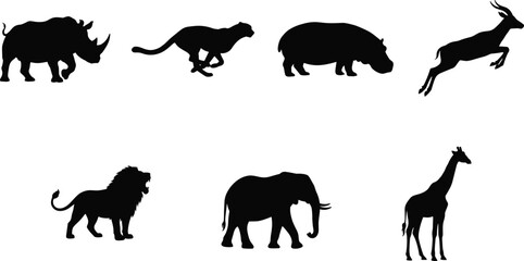Obraz premium African Wildlife Animal Silhouettes Featuring Lion, Elephant, Giraffe, Rhino and Cheetah