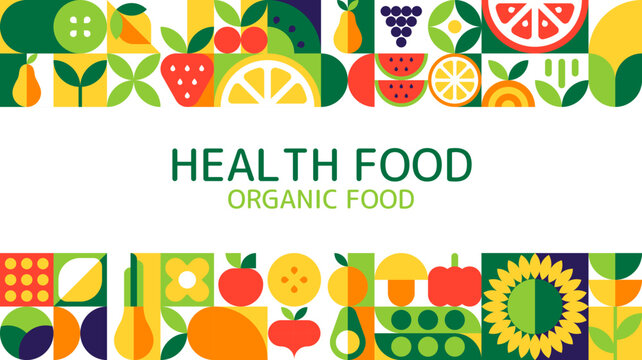 Organic food fruits and vegetables banner with geometric pattern. Mosaic horizontal banner features with block fruits, vegetables and berries. Green, orange, yellow pattern vegan poster